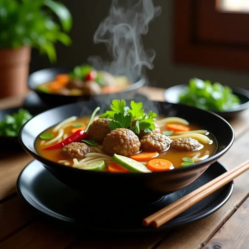Bowl hondo de cerámica negra con Bakso Indonesio: albóndigas de carne doradas en caldo aromático transparente, tallarines de arroz blancos, rodajas de zanahoria, apio y cilantro fresco. Plato humeante con decoración de chile rojo y hojas de lima kaffir.