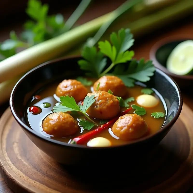 Cuenco hondo de cerámica oscura con albóndigas de hongos Bakso Jamur veganas en un caldo dorado de jengibre y limoncillo, decoradas con cilantro fresco y rodajas de chile rojo. Plato tradicional indonesio con texturas esponjosas y aroma intensa.