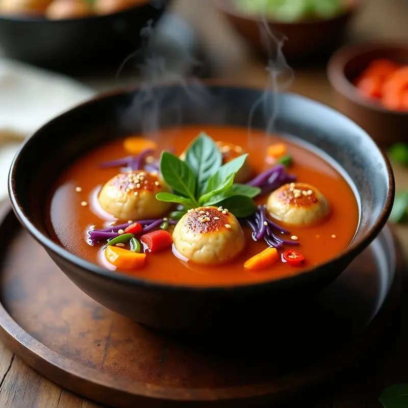 Bowl hondo de cerámica oscura con albóndigas esponjosas de tofu y verduras en un caldo dorado y picante, decorado con cebollino fresco y rodajas de chile rojo. Receta auténtica de Bakso Indonesia de Tofu y Verduras.