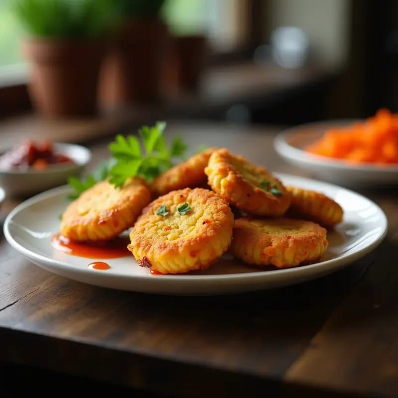 Plato blanco con bakwan jagung doradas y crujientes, croquetas indonesias de maíz y zanahoria, servidas con salsa de sambal y cilantro fresco, fondo rústico de madera oscura.