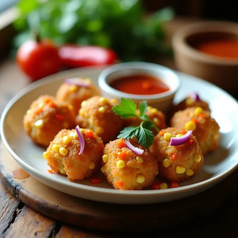 Plato blanco con bakwan jagung dorados y crujientes apilados, acompañados de un bol pequeño con salsa de chili dulce de color rojo brillante. Decorado con rodajas de chili y hojas de cilantro fresco sobre fondo rústico de madera.