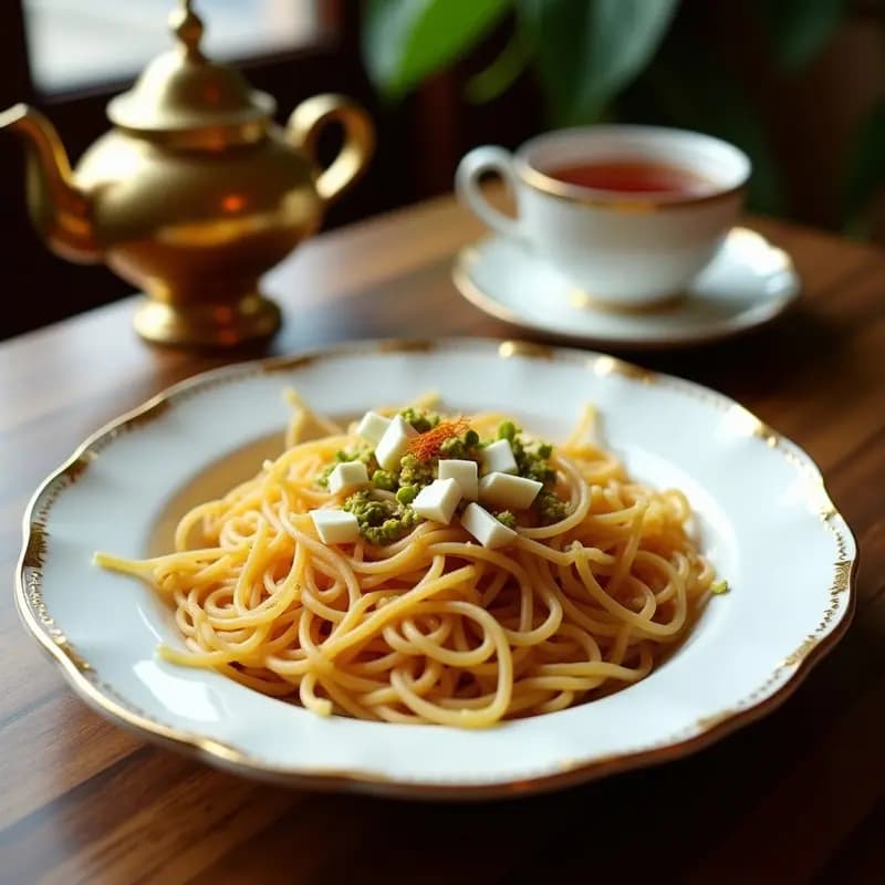 Plato tradicional emiratí de Balaleet con vermicelli dorado y caramelizado, cubierto de queso fresco en trozos y espolvoreado con pistachos y semillas de sésamo, servido en porciones cuadradas sobre un mantel de lino beige.