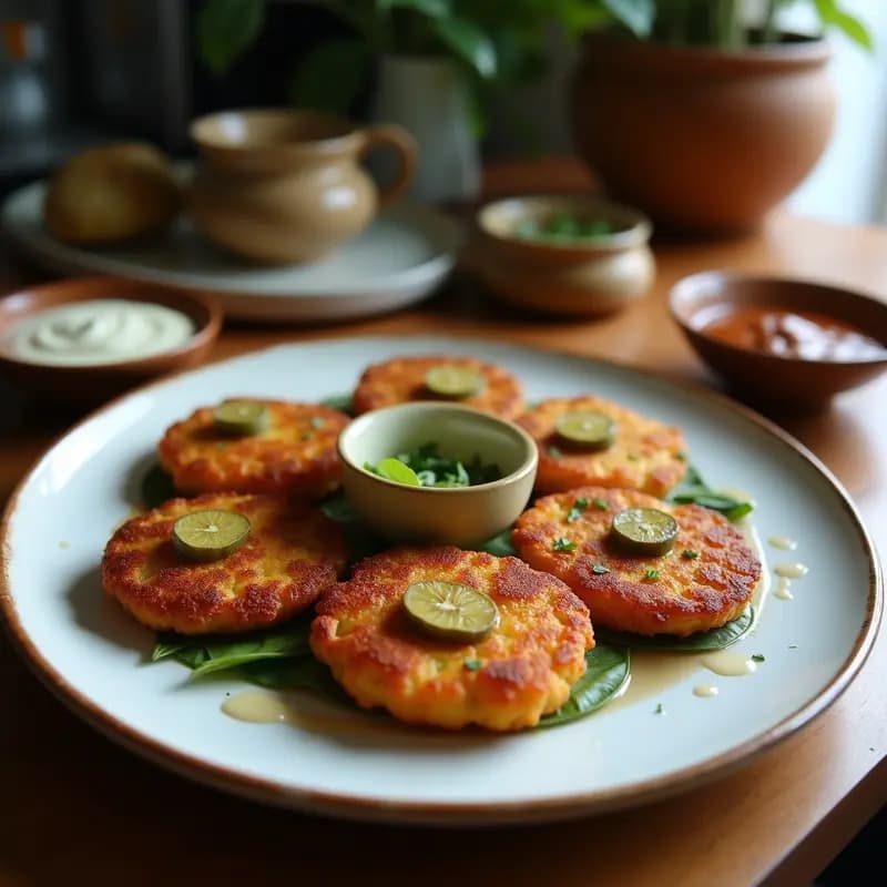 Balenek armenio vegano dorado y crujiente en sartén, relleno de queso halloumi y higuerilla, espolvoreado con semillas de sésamo tostadas, servido en plato de barro con fondo de especias.