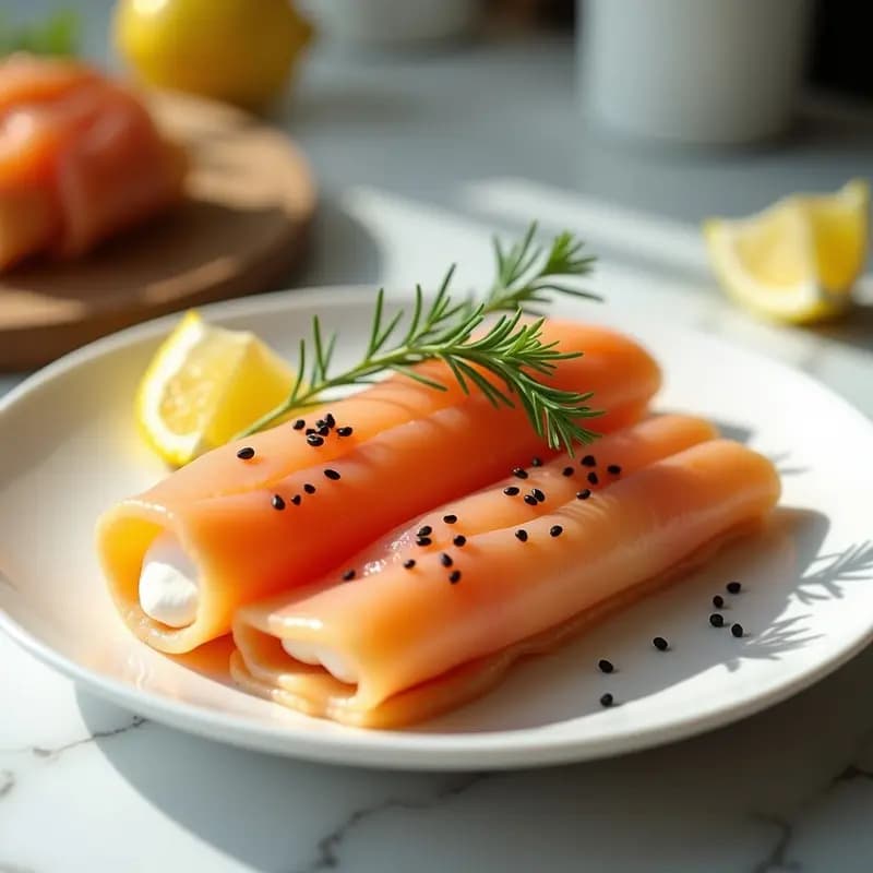 Ballontines de salmón ahumado y queso crema cortados en rodajas sobre un plato blanco, con empanizado dorado de almendras y pan rallado. Acompañados de hojas de espinaca y un toque de eneldo fresco, receta francesa para tupper.