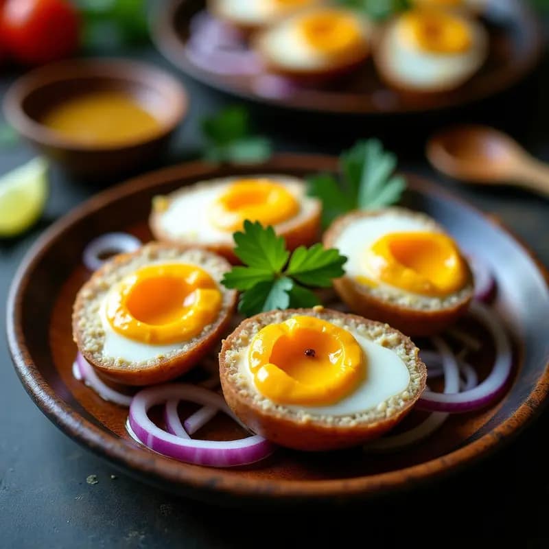 Plato tradicional filipino con huevos de balut abiertos a la mitad, rellenos de yema cremosa y carne de patito, bañados en un aderezo brillante de tamarindo. Decorado con cebolla morada, cilantro fresco y rodajas de limón calamansi. Texturas contrastantes y colores vibrantes que destacan la receta exótica alta en proteína.