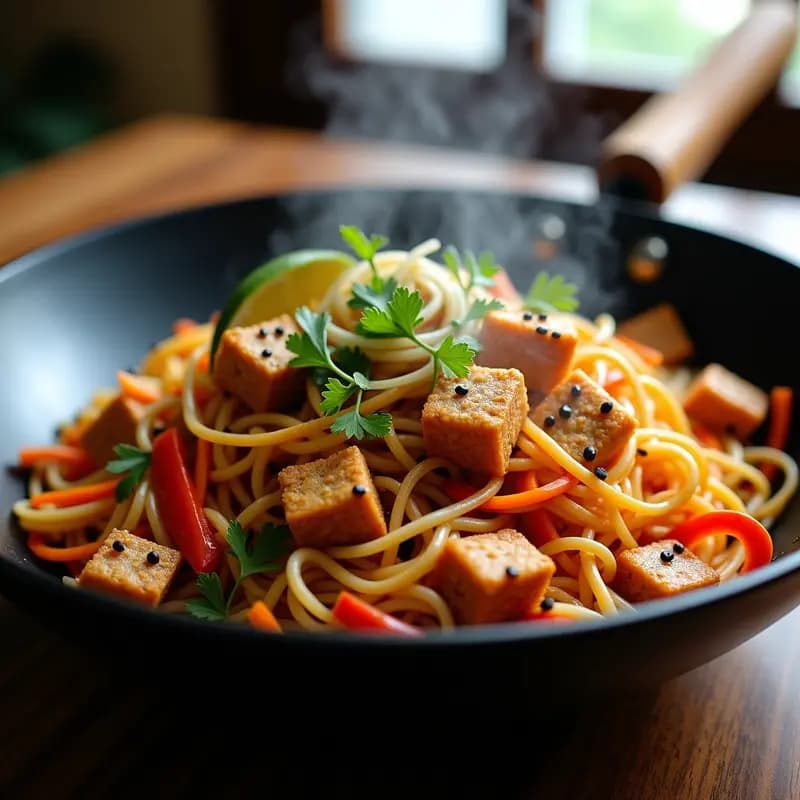 Plato de Bami Goreng indonesio vegano y sin gluten en wok, con fideos de arroz dorados, cubos de tempeh crujiente, juliana de zanahoria, cebolla morada y pimiento rojo, decorado con cilantro fresco, semillas de sésamo negro y un toque de limón.