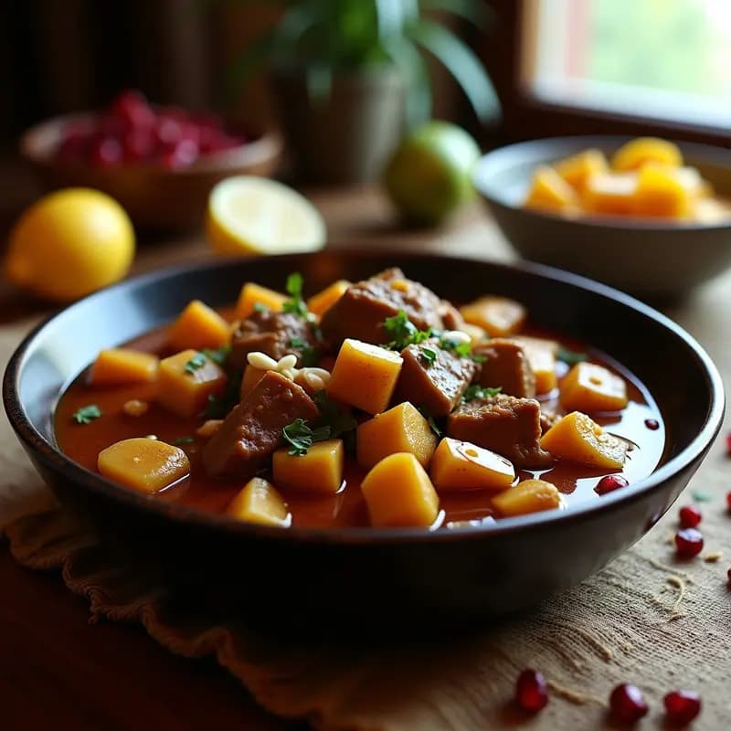 Plato hondo de cerámica oscura con Baminía Iraní: trozos tiernos de cordero, okra dorada y ciruelas secas bañadas en una salsa espesa y aromática con especias exóticas, decorado con almendras fileteadas y limón.