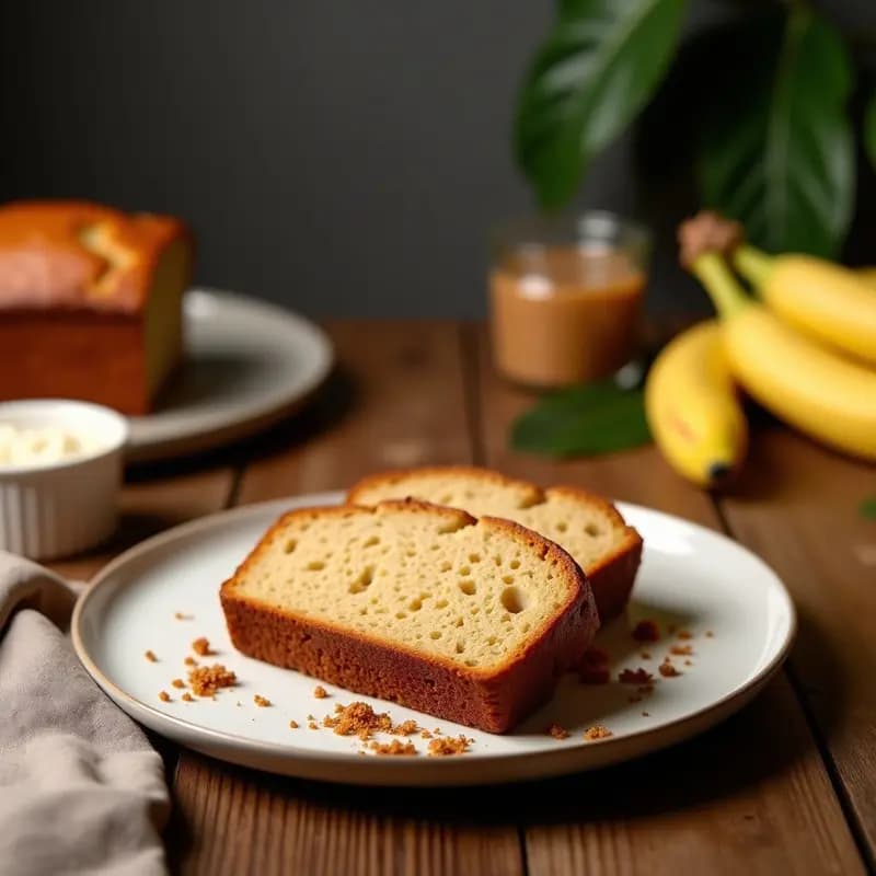Banana bread esponjoso sin harina con trozos de plátano maduro, avena tostada y vetas de canela, servido en rodajas sobre tabla de madera rústica con fondo borroso de cocina.