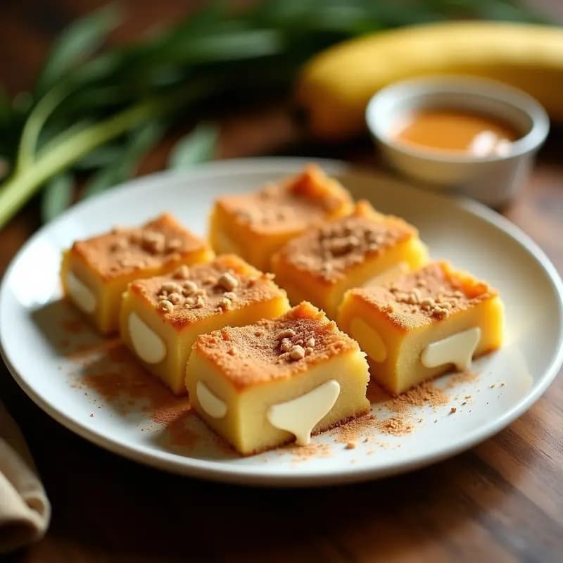Plato blanco con rodajas doradas y crujientes de Bananarama Filipina, rellenas de queso de anacardos cremoso, espolvoreadas con azúcar de coco y canela, sobre un fondo de hojas de plátano.