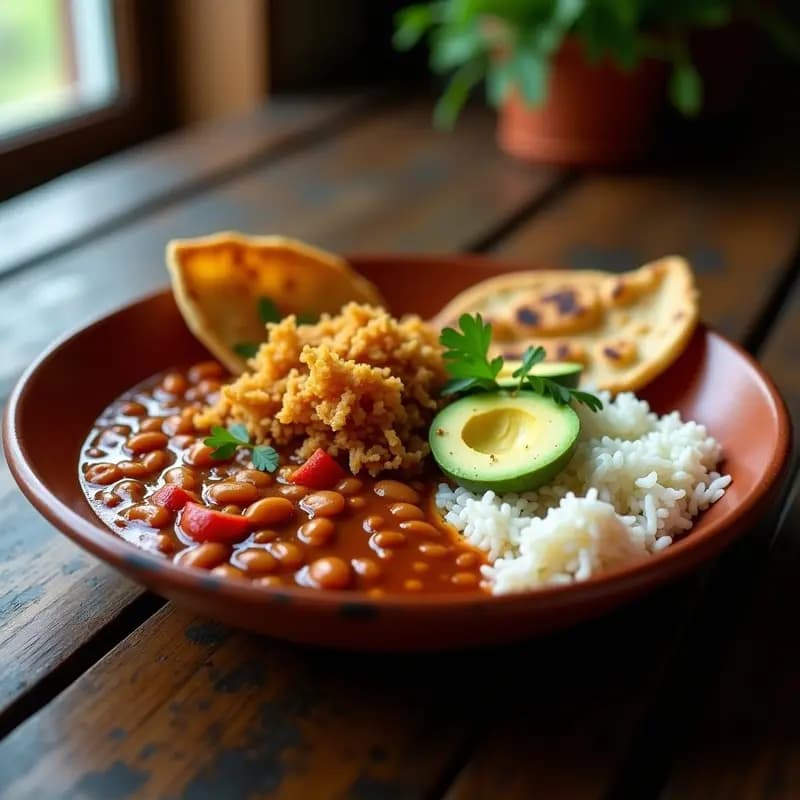 Bandeja paisa vegana completa con arroz blanco esponjoso, frijoles rojos estofados, chicharrón de jackfruit dorado y crujiente, arepa de maíz, aguacate en rodajas y hogao, decorado con cilantro fresco y limón.
