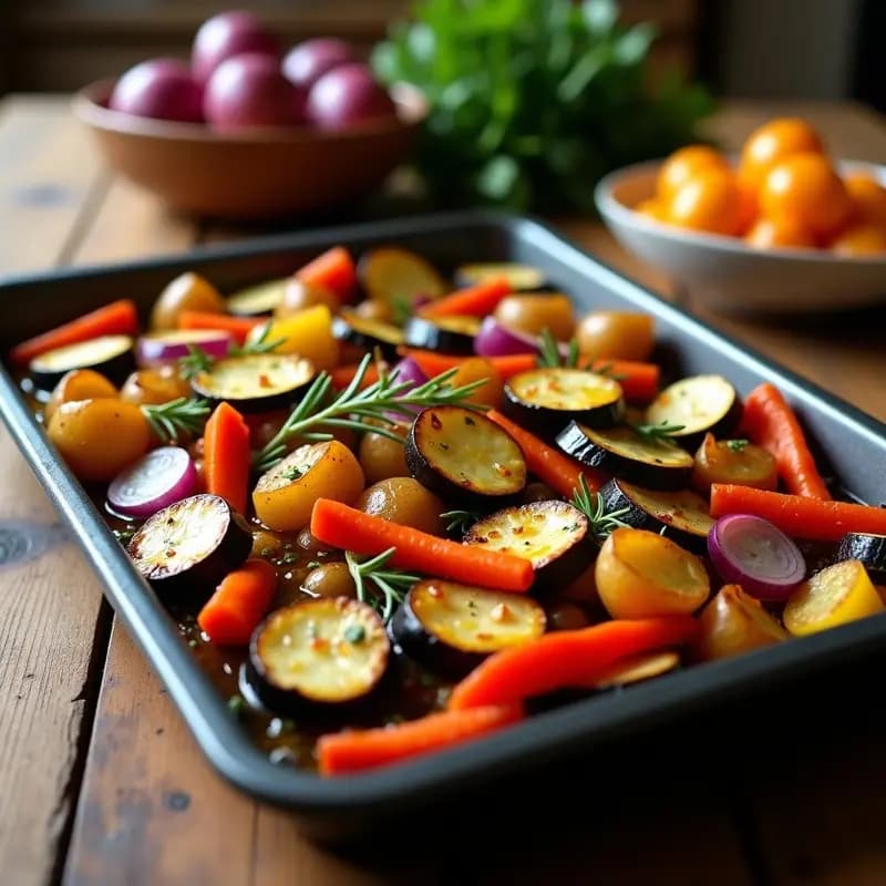 Bandeja de horno con verduras asadas doradas (berenjena, calabacín, pimiento, patata y tomate) espolvoreadas con romero fresco, acompañamiento saludable y colorido.