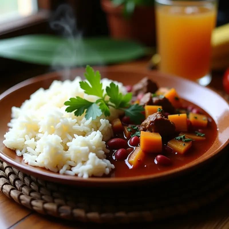 Plato hondo tradicional dominicano con Bandera Dominicana: arroz blanco esponjoso, habichuelas rojas guisadas con trozos de carne de res, rodajas de plátano maduro dorado y aceitunas verdes, servido con culantro fresco como garniture.