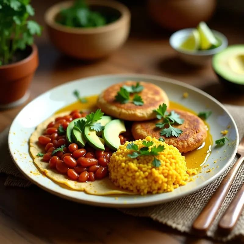 Plato colorido de Bandera Paisa Vegana con arepa dorada de maíz y ñame, frijoles rojos cremosos, arroz integral amarillo por la cúrcuma y rodajas de aguacate hass, decorado con cilantro fresco y un hilo de aceite de oliva sobre fondo rústico de madera.