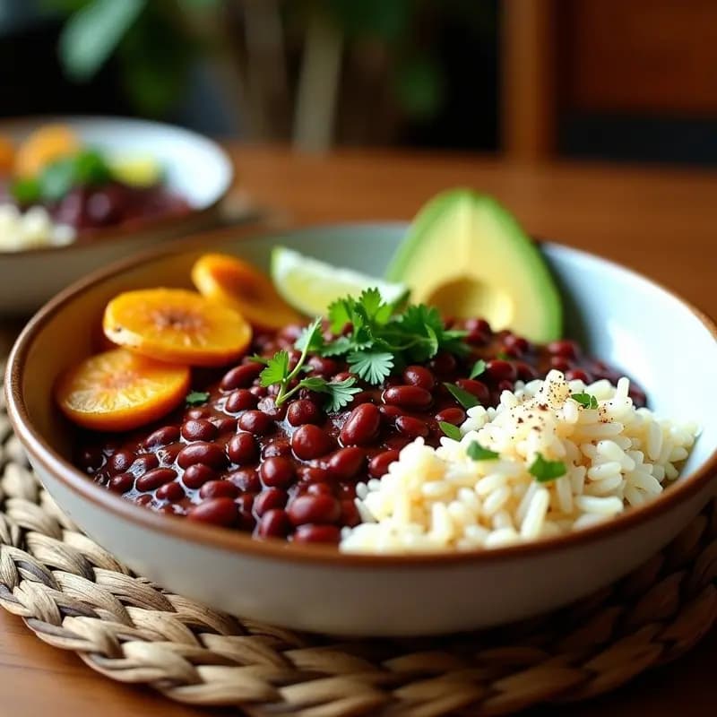Plato tradicional colombiano vegano con arroz blanco esponjoso, frijoles rojos caramelizados con panela, rodajas de plátano maduro asado con canela y gajos de aguacate Hass, decorado con cilantro fresco. Receta de bandera paisa vegana reconfortante.