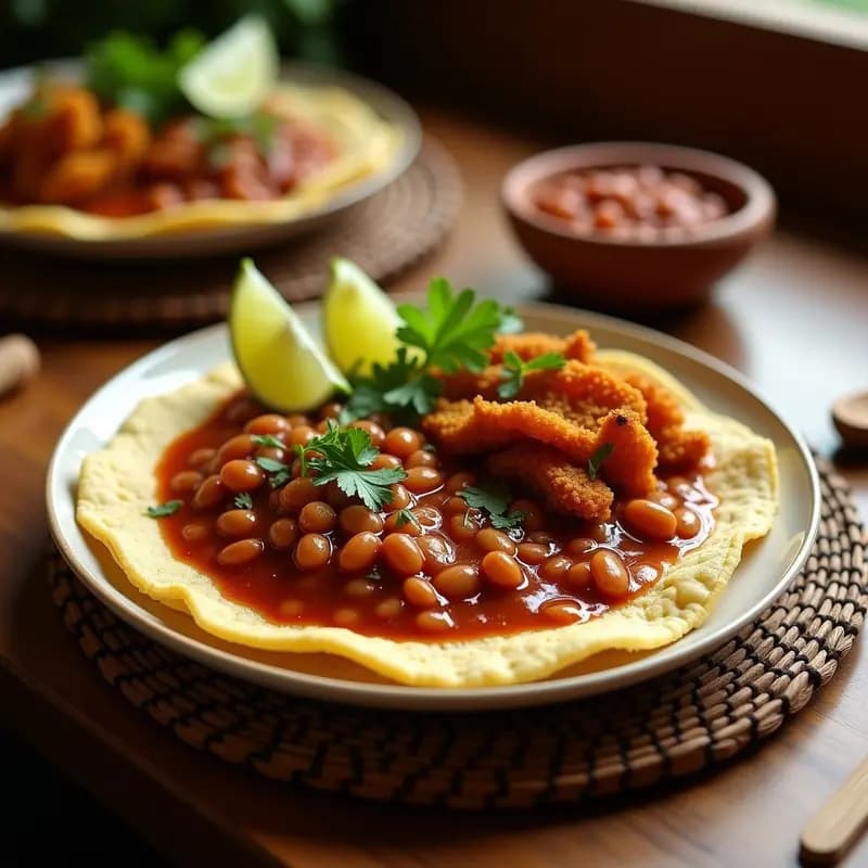 Plato tradicional colombiano vegano con arepa dorada de maíz y plátano, frijoles rojos estofados espesos y chicharrón de jackfruit crujiente, decorado con cilantro fresco y rodajas de limón sobre un mantel rústico.