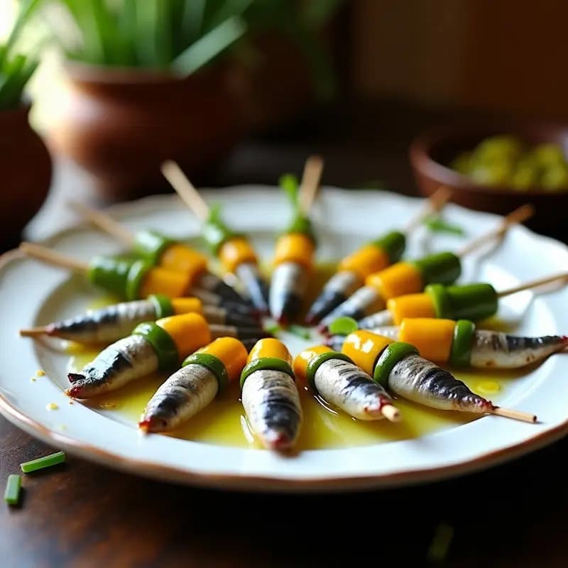 Plato blanco rústico con banderillas de anchoas y guindilla, tapa andaluza picante y sabrosa, servidas en palillos de brocheta con cebollino fresco, sobre fondo de madera oscura.