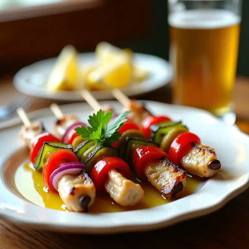 Fuente blanca con banderillas de boquerones y pimientos del piquillo, tapa fría malagueña de verano, decorada con perejil fresco y aceite de oliva.