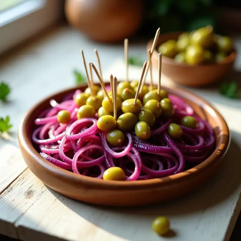 Fuente de madera con banderillas de cebolla morada en vinagre, pepinillos y guindillas verdes ensartadas en palillos, servidas como tapa fría española tradicional.