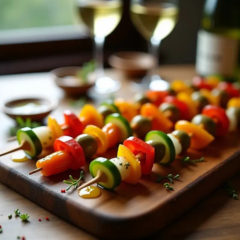 Banderillas de encurtidos caseras en palillos de brocheta, con pepinillos, cebollitas, aceitunas rellenas y guindillas, bañadas en vinagreta de hierbas provenzales. Aperitivo español bajo en calorías y sin lácteos.