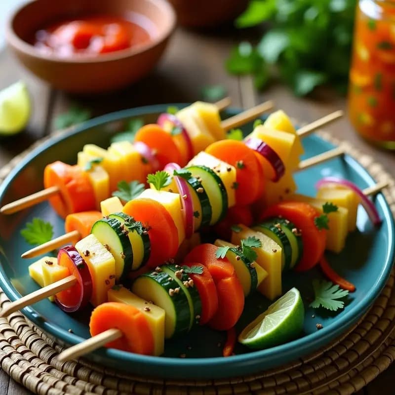 Banderillas de encurtidos mexicanas con bastones de jicama, pepino, zanahoria y cebolla morada ensartados en palillos, acompañados de chiles de árbol y cilantro fresco, bañados en líquido de encurtido transparente. Plato colorido y crujiente listo para servir como aperitivo.
