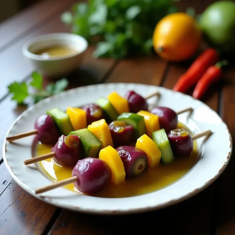 Plato blanco con banderillas de pepinillos verdes, cebolla morada y ají amarillo en palillos, bañadas en líquido de encurtido dorado. Entrante peruano crujiente y picante.