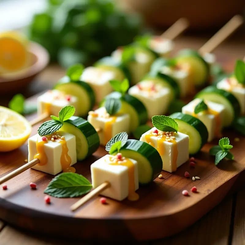 Fuente blanca con banderillas de pepino y queso feta ensartadas en palillos de madera, bañadas en encurtiendo de limón con hojas de menta. Aperitivo español fresco y colorido.