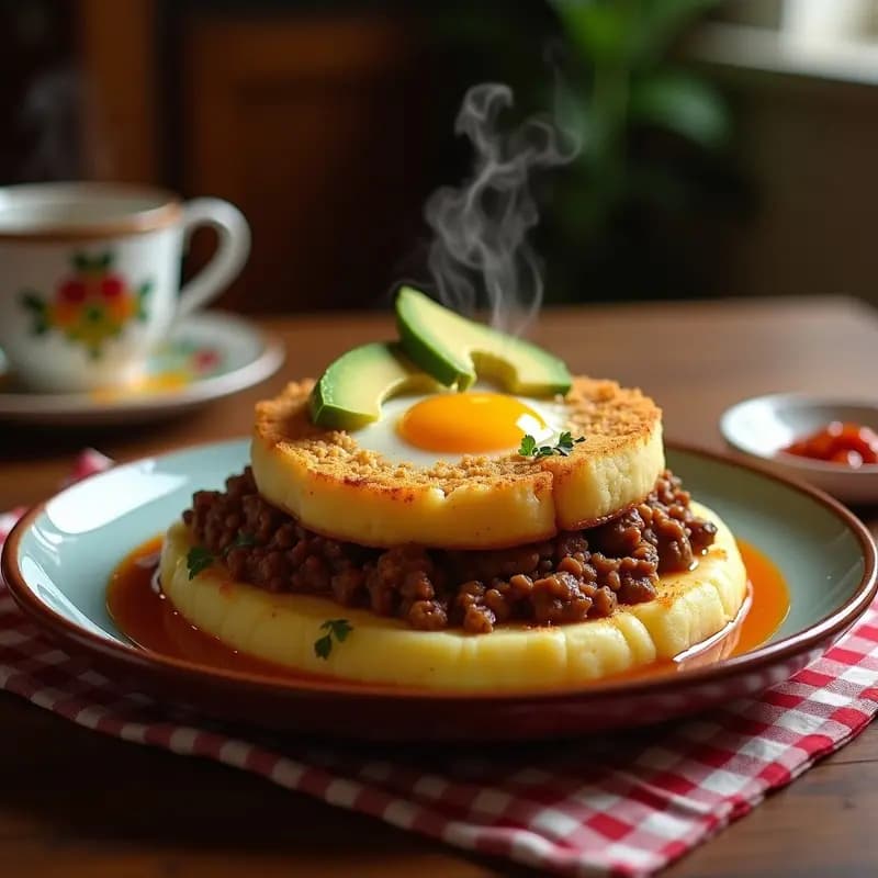 Plato hondo de cerámica con B Anderson colombiano: capa inferior de puré de papa cremoso, centro de carne molida especiada con comino y achiote, y capa superior dorada de huevo con pan molido. Acompañado de rodajas de aguacate y ají.