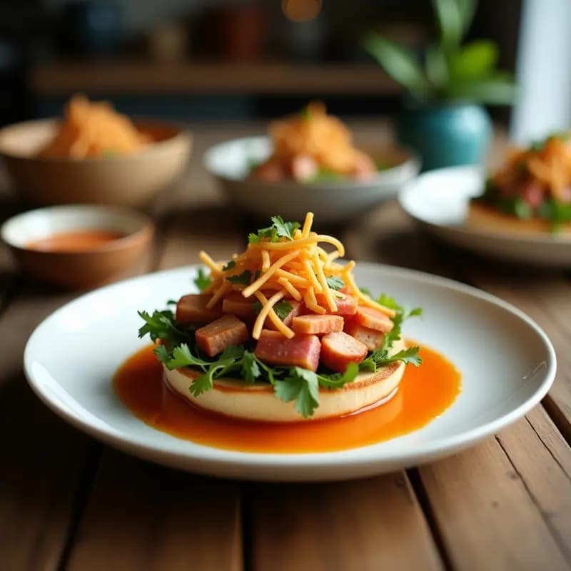 Banh Mi Bowl vietnamita en cuenco blanco: arroz jazmín, cerdo asado glaseado, encurtidos de zanahoria y daikon naranjas y blancos, pepino, cilantro verde y semillas de sésamo tostadas. Plato colorido y fresco.