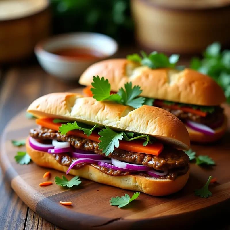 Banh Mi vietnamita vegano abierto sobre una tabla de madera, mostrando paté de champiñones portobello cremoso, zanahoria morada encurtida, jalapeño, cilantro y menta fresca en un pan baguette crujiente. Receta de sándwich vegano con ingredientes coloridos y texturas contrastantes.