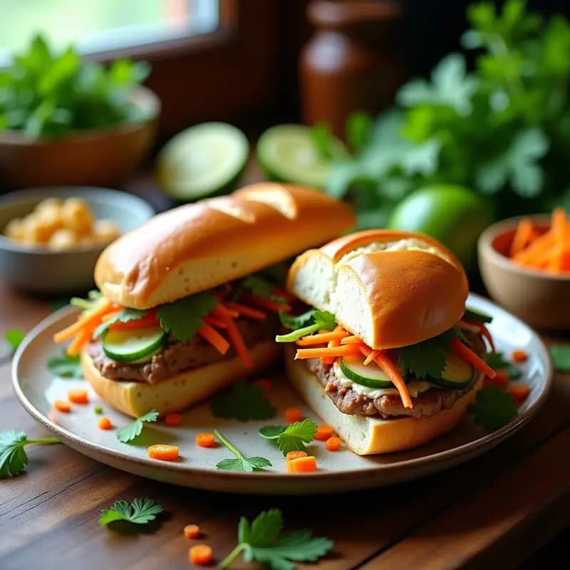 Banh Mi Vietnamita montado en pan francés tostado, relleno de capas de paté de hígado cremoso, tiras de cerdo caramelizado, encurtidos de zanahoria y daikon, pepino, jalapeño y cilantro fresco, con un toque de salsa sriracha.