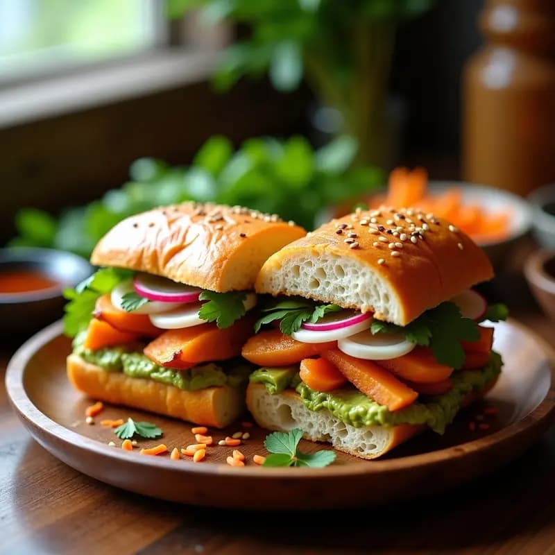 Banh Mi de Pollo Teriyaki abierto mostrando pan crujiente relleno de tiras de pollo glaseado con salsa teriyaki, vegetales encurtidos de zanahoria y daikon, cilantro fresco y salsa sriracha, sobre una tabla de madera rústica.