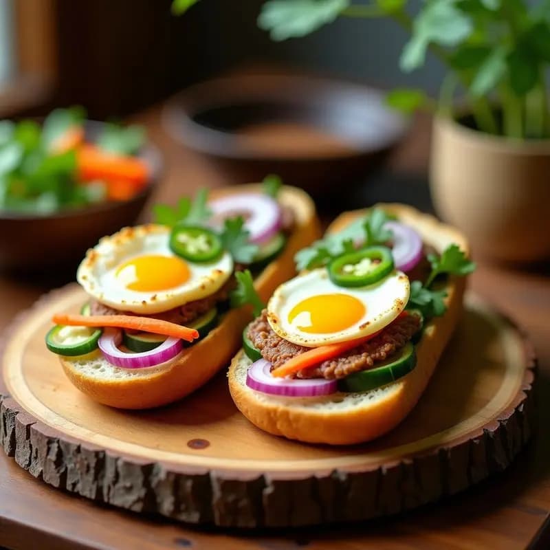 Bánh Mì Trứng vietnamita abierto sobre tabla de madera, mostrando huevo frito con yema líquida, paté de hígado cremoso, encurtidos de zanahoria y daikon, pepino, cebolla morada, cilantro y jalapeños en pan crujiente. Receta de desayuno contundente.