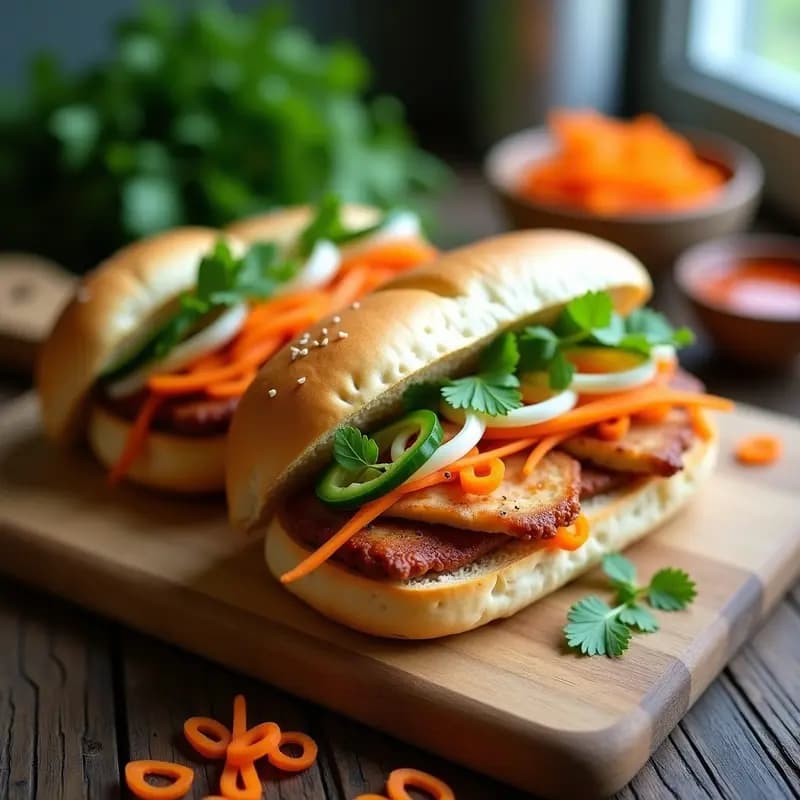 Sándwich Banh Mi Vegano con Seitán y Encurtidos de Zanahoria sobre tabla de madera, mostrando capas de seitán dorado, zanahoria naranja y daikon blanco encurtidos, cilantro fresco y pepino, en pan crujiente sin gluten.