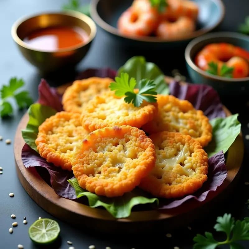 Bánh Xèo Crisps de Coliflor dorados y crujientes servidos en una bandeja de madera con hojas de lechuga morada, gambas salteadas y salsa nuoc cham, receta en airfryer.