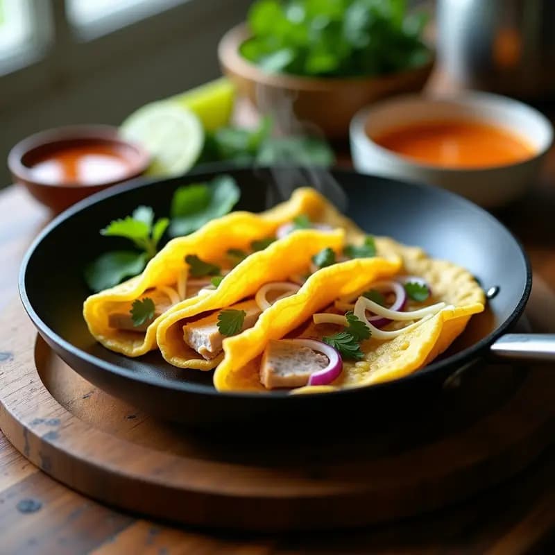 Plato de banh xeo vietnamitas dorados y crujientes rellenos de germinados de soja, cerdo en tiras, cebolla morada y zanahoria, servidos sobre hojas de lechuga romana con hierbas frescas y rodajas de limón.