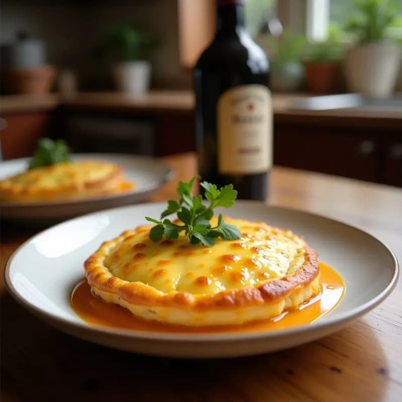 Banitsa búlgara dorada y crujiente en molde rectangular, con capas de masa filo visibles y relleno de espinacas y queso feta. Espolvoreada con semillas de sésamo y acompañada de eneldo fresco.