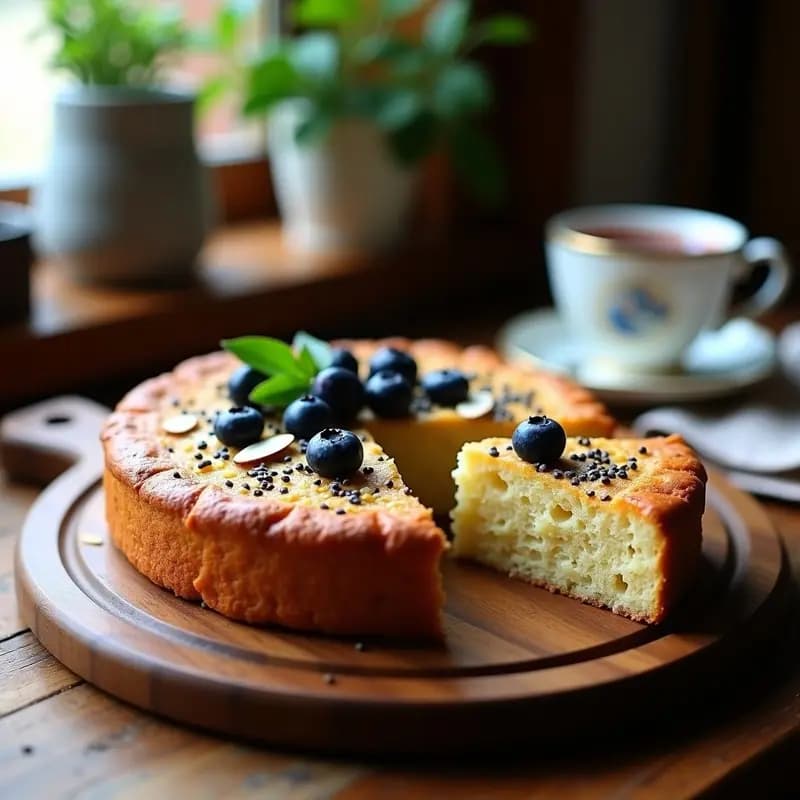 Bannock escocés dorado en molde redondo, con arándanos frescos y semillas de chía visibles en la superficie, decorado con almendras fileteadas. Plato tradicional británico sin harina, servido sobre tabla de madera rústica con té al fondo.