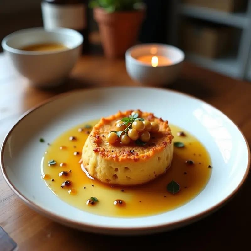 Bannock escocés dorado en sartén de hierro fundido, con arándanos visibles en la superficie y un hilo de miel de brezo brillando bajo la luz. Desayuno tradicional sin harina, servido en porciones rústicas.
