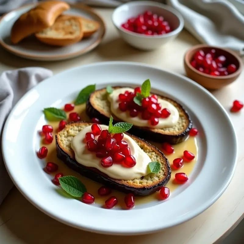 Plato hondo de cerámica blanca con rodajas de berenjena asada dorada, cubiertas de crema de tahini espesa y semillas de granada rojas brillantes. Decorado con hojas de menta fresca y un toque de pimentón. Fondo rústico con pan de pita integral tostado.