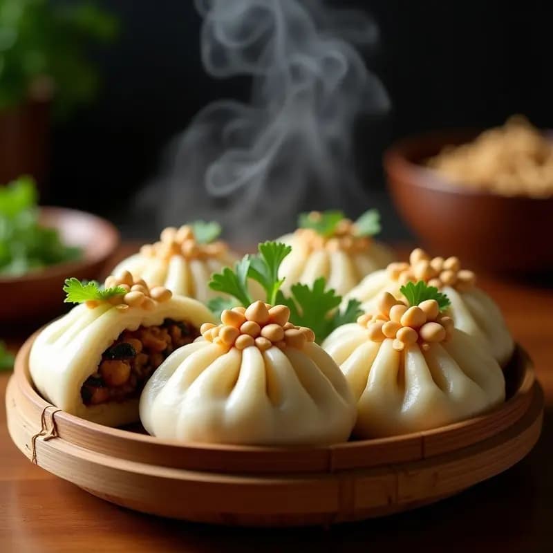Bao veganos al vapor rellenos de berenjena ahumada y cacahuete, con masa esponjosa y brillante, decorados con cilantro fresco y trocitos de cacahuete, servidos en una vaporera de bambú sobre fondo oscuro.