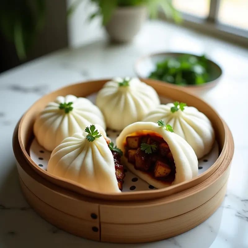 Bao veganos al vapor rellenos de berenjena asada y tofu de seda, bañados en salsa de tamari, servidos en una vaporera de bambú sobre fondo blanco.