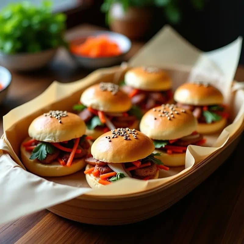 Bao Bun de cerdo asado y encurtidos recién hechos en Airfryer, con masa esponjosa y dorada, rellenos de cerdo jugoso marinado en salsa de ostra y acompañados de encurtidos de rábano daikon y zanahoria morada, sobre papel de hornear.