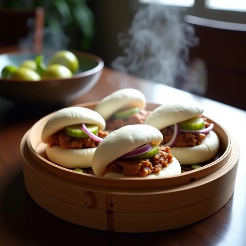 Bao Bun de cerdo desmenuzado y pepinillos al vapor, servidos en una vaporera de bambú con pepinillos encurtidos y cebolla morada por encima. Receta china en steam con masa esponjosa y relleno jugoso.