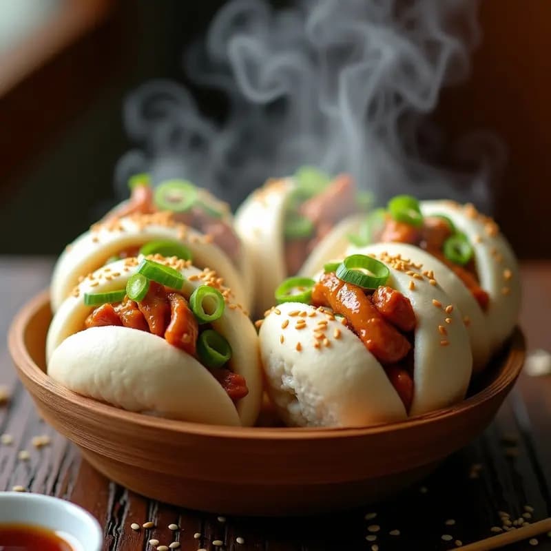 Bao bun de pollo teriyaki y pepino al vapor, con masa esponjosa y relleno jugoso, servidos en vaporera de bambú con semillas de sésamo y cebollino fresco.