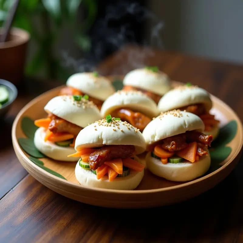 Bao Bun de Pollo Teriyaki abiertos, mostrando su relleno de pollo glaseado brillante y encurtidos de zanahoria y pepino, sobre un plato de bambú con semillas de sésamo espolvoreadas y cebollino fresco.