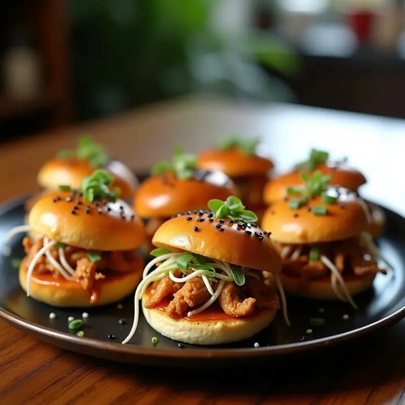 Bao bun vegano de jackfruit y salsa teriyaki en airfryer: bollos dorados y esponjosos rellenos de jackfruit desmenuzado, decorados con semillas de sésamo y cilantro fresco, servidos en un plato de cerámica oscura.