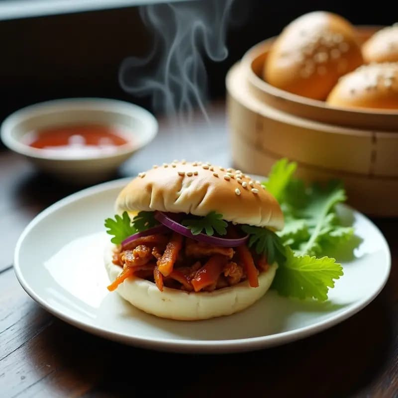 Bao Bun Vegano de Jackfruit BBQ: pan chino al vapor dorado por abajo, relleno de jackfruit desmenuzado en salsa BBQ, decorado con perejil y semillas de sésamo. Plato blanco con vapor visible.