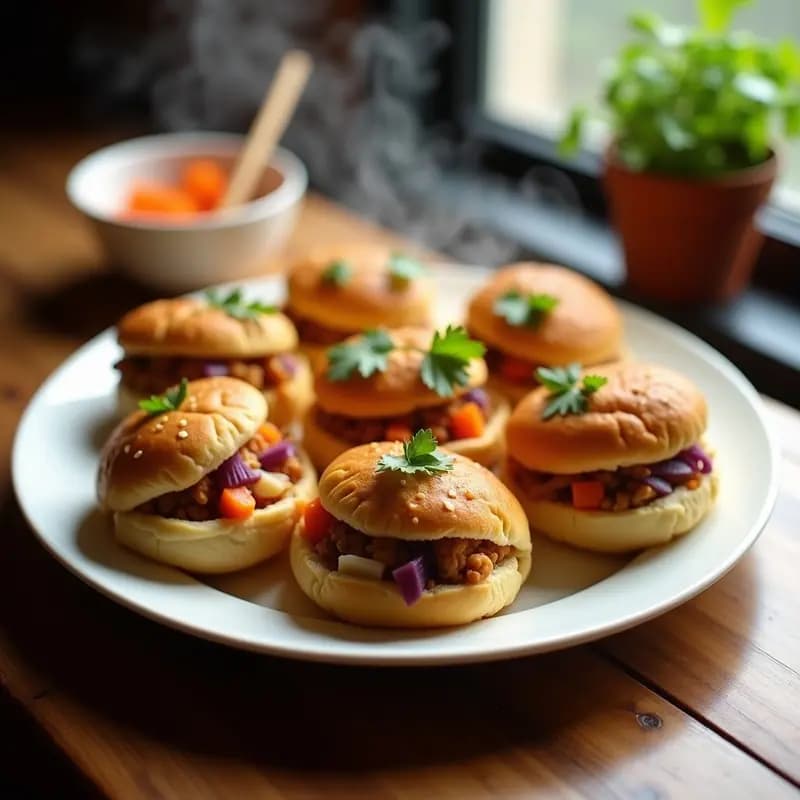 Bao Bun veganos de jackfruit y encurtidos de zanahoria servidos en una bandeja de bambú, con la masa dorada y esponjosa, rellenos de jackfruit desmenuzado y acompañados de encurtidos de zanahoria y daikon naranjas y blancos, decorados con semillas de sésamo negro y hojas de cilantro.