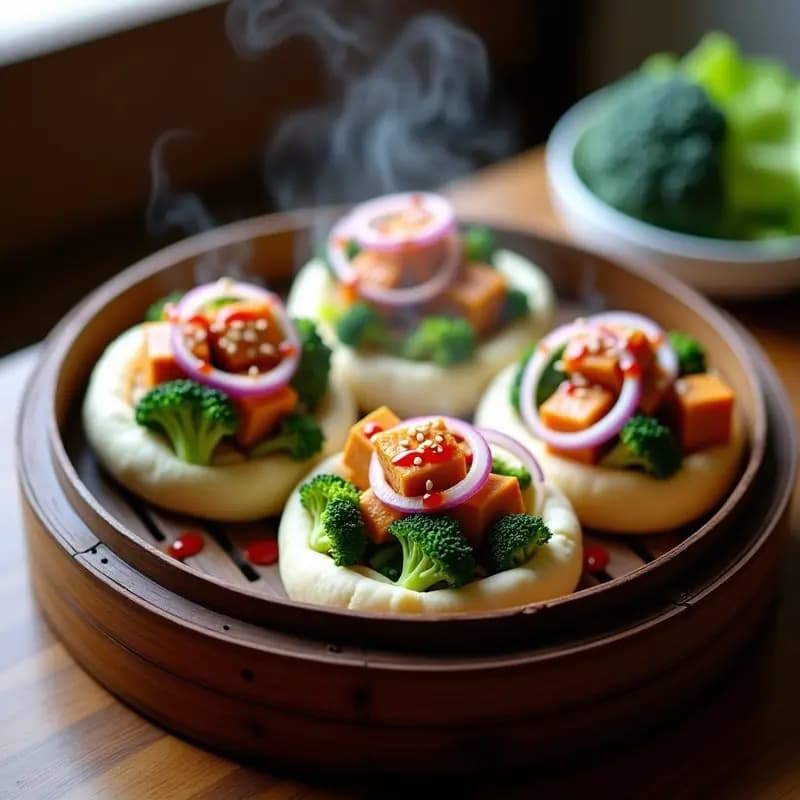 Bao buns veganos al vapor rellenos de tofu teriyaki y brócoli, con salsa sriracha y semillas de sésamo, sobre una vaporera de bambú.