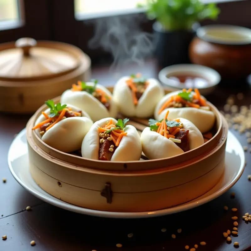Bao buns al vapor express rellenos de cerdo asado jugoso y encurtidos de daikon y zanahoria, decorados con semillas de sésamo y cilantro fresco, servidos en una vaporera de bambú sobre una mesa de madera.